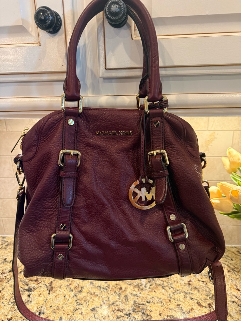 Michael Kors Deep Wine Lightly Pebbled Leather Shoulder Bag with Gold Hardware